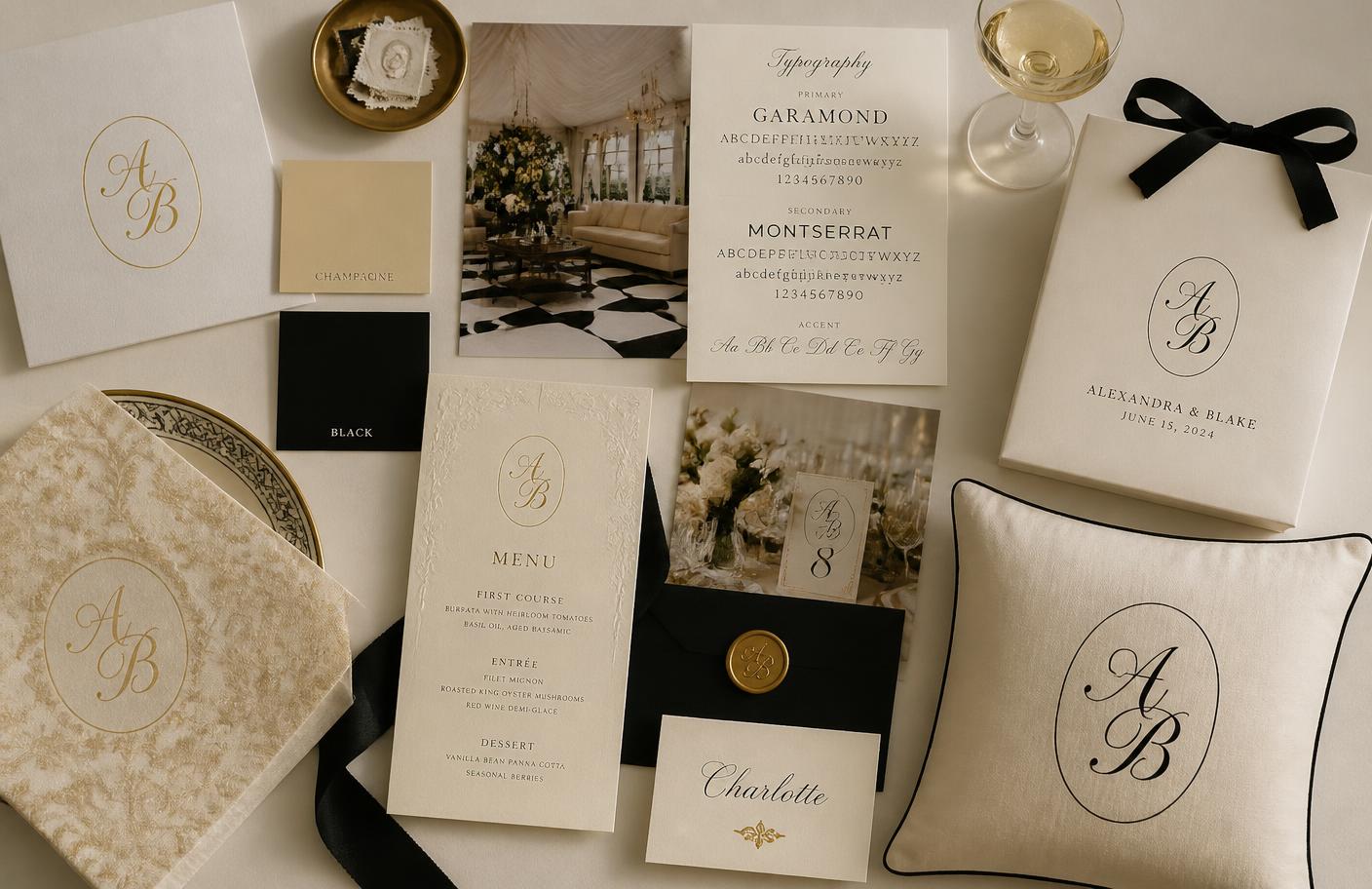 Custom event identity moodboard with monogram, palette, menus, packaging and pillow